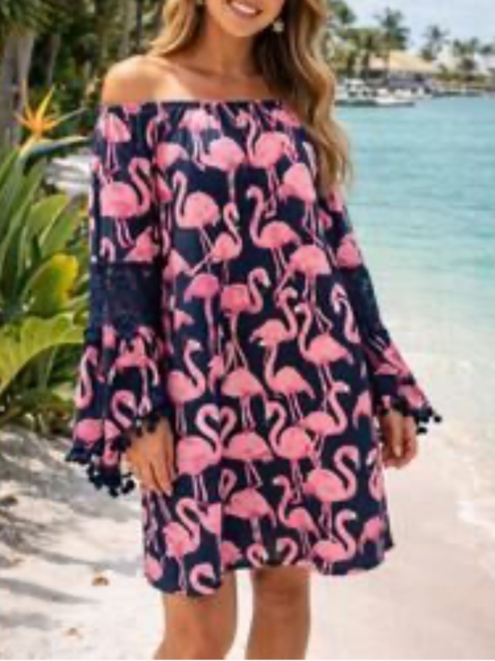 Simply Southern Navy and Pink Flamingo Off Shoulder Dress Bell sleeves
